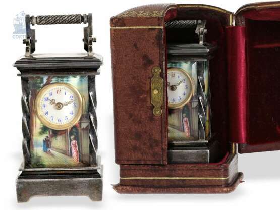 Reiseuhr: exquisite Art Nouveau Miniatur Reiseuhr mit Silber/Emaille-Gehäuse und originaler Lederbox mit Originalschlüssel, Ran & Steinmeyer, Geneve & Pforzheim, um 1900 - photo 1