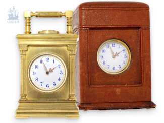 Tischuhr: exquisite und äußerst seltene Miniatur-Reiseuhr mit Minutenrepetition "Pendulette de voyage a repetition minutes", Frankreich um 1910