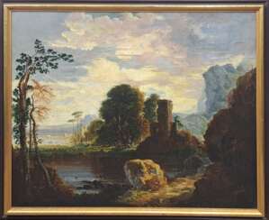 Altmeister, Italien 18. Jh. Marco Ricci (1676, Belluno, Italien-1730, Venedig) zugeschrieben &quot;Romantische Landschaft mit Ruine&quot;, Öl/ Lw., doubliert, 96x120 cm, Rahmen