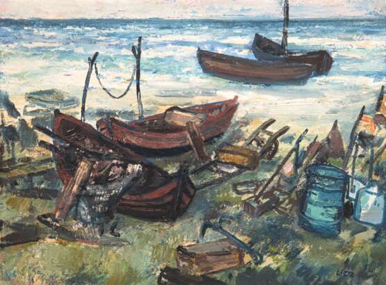 Lietz, Heinrich (1909 Stralsund-1988 ebenda) "Boote und Netze am Strand", Öl/ Hartfaser, sign. u.r., 35x50 cm, Rahmen (Landschafts-, Porträt- und Stillebenmaler in Stralsund und auf Rügen) - Foto 1