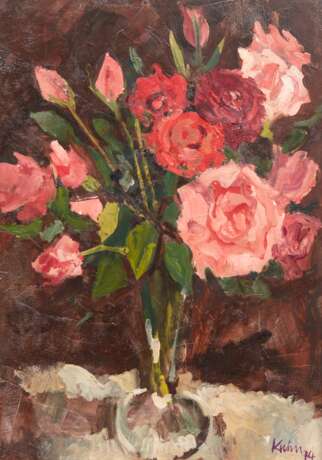 Kuhn, Karlheinz (1930-2001 Rostock) "Stilleben mit Rosenstrauß in Glasvase", Öl/ Hartfaser, sign. u.r. und dat. ´74, 42x30 cm, Rahmen (Er war ein deutscher Maler und Grafiker. Karlheinz Kuhn machte nach dem Bes… - Foto 1