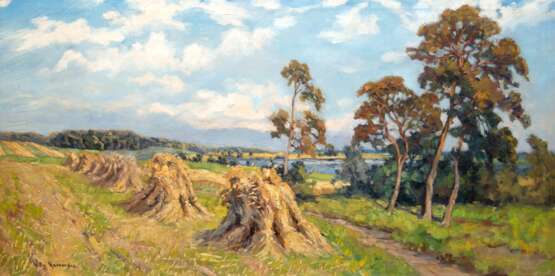 Herrmann, Willy (1895 Berlin-1963 ebenda) "Ernte Tag am Jabelsee in Mecklenburg, Nähe Müritz", Öl/ Lw., teilweise doubliert, sign. u.l., rückseitig betitelt, 71x140 cm, Rahmen - фото 1