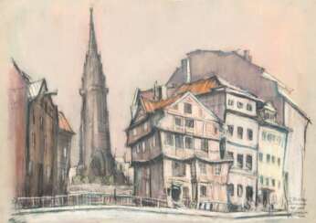 Keller, Ernst (1887-1966) &quot;Hamburg-St. Nikolai&quot;, Pastell, sign. u.r. und dat. 1960, 50x70 cm, ungerahmt