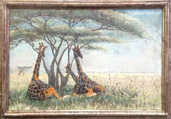 Schulz-Borek, Rudolph (1887 Borek b. Stienowitz -1983 Berlin) &amp;quot;Rastende Giraffen im Baumschatten&amp;quot;, Öl/ Lw., Restsign. u.r., rückseitig betitelt, 31x47 cm, Rahmen