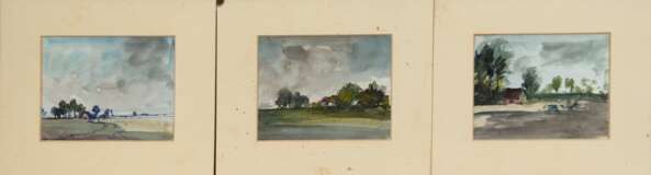 Ambrose, John (1931-2010) 3 Aquarelle mit Landschaftsdarstellungen, unsign., rückseitig. bez., je 12x15,5 cm, im Passepartout - Foto 1