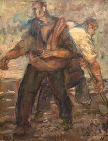 Expressionist Anfang 20. Jh. "Bei der Feldarbeit", Öl/ Lw., undeutl. sign. u.r. und dat. ´16, mehrere Hinterlegungen, Lw. im oberen Bereich porös, kl. Farbabplatzungen, 120x93 cm, Rahmen - photo 1