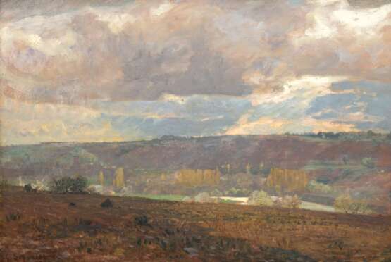 Schönleber, Gustav (1851 Bietigheim-1917 Karlsruhe) "Frühling im Enzthal", Öl/ Karton, sign. u.l., rückseitig auf betitelt, 44x56 cm, Rahmen (Schüler von A. Lier, hatte als Lehrer an der Karlruher Akademie wege… - photo 1