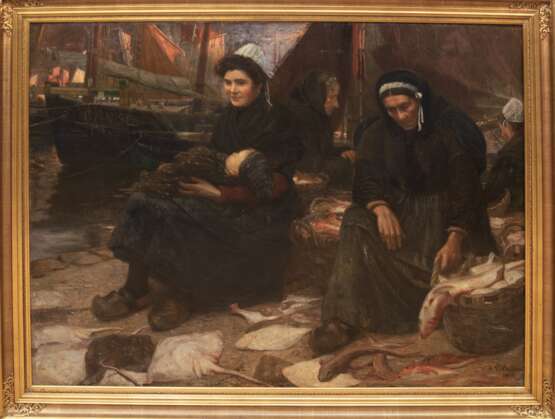 Bellan, Henri Ferdinand (1870 Paris-1922 ebenda) "Fischerfrauen im Hafen von Cannes", Öl/ Lw., kl. Hinterlegung, sign. u.r. und dat. 1908, 134,5x172 cm, Rahmen (Er wurde zunächst von François Feyen-Perrin unter… - photo 1