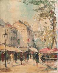 &quot;Pariser Straßenansicht&quot;, Öl/ Lw., undeutl. sign. u.l. mit Ortsangabe &quot;Paris&quot;, 52x41 cm, Rahmen