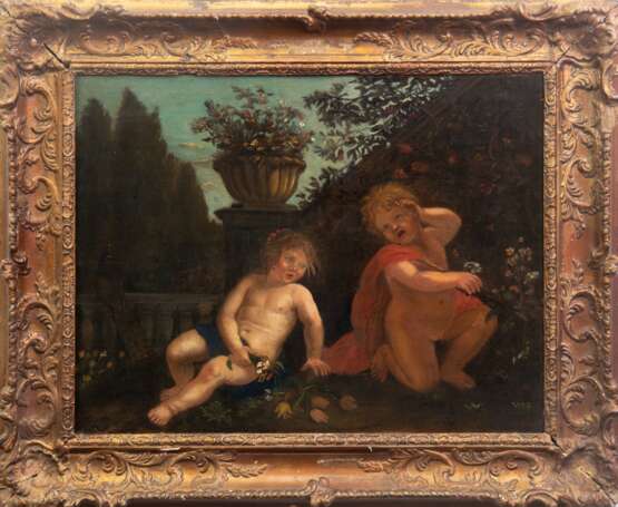 Unbekannter Maler des Barock 17./ 18. Jh."Putten in einem Park mit Fasan", Öl/ Holztafel, unsign., 42x57 cm Rahmen - photo 1