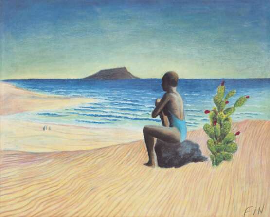 Jorge Fin (1963 in Madrid) "Frau auf einem Stein sitzend und auf das Meer blickend", Gouache, sign. u.r., 24x30 cm, im Passepartout (Er ist ein spanischer Maler, Grafiker und Bildhauer. Er gehört zur Generation… - Foto 1