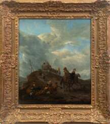 Wouwerman, Philips Umkreis (1619-1668 Harlem) &amp;quot;Kavaliere zu Pferd und Bauern in hügeliger Landschaft&amp;quot;, Öl/ Lw., doubliert, Prov. kommt aus einer Privatsammlung in Berlin, 49x41 cm, Rahmen