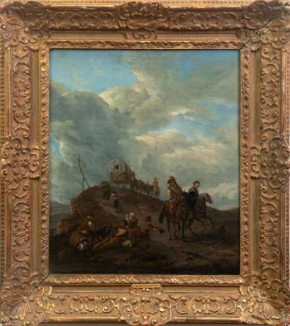 Wouwerman, Philips Umkreis (1619-1668 Harlem) "Kavaliere zu Pferd und Bauern in hügeliger Landschaft", Öl/ Lw., doubliert, Prov. kommt aus einer Privatsammlung in Berlin, 49x41 cm, Rahmen - Foto 1