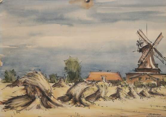 Keller, Ernst (1887-1966) "Landschaft mit Kornhocken und Windmühle-Schleswig Holstein", Mischtechnik, sign. und bez. u.r., Blatt an den Rändern mit Abdrücken von Reißzwecken, 34x48 cm, im Passepartout hinter Fo… - Foto 1