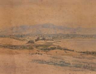 Cour, Janus Andreas la (1837 in Ringkobing-1909 Kopenhagen) &amp;quot;Italienische Landschaft&amp;quot;, Aquarell, monogr. u.l. und dat. 1866, Blatt stockfleckig, 31x39 cm, im Passepartout hinter Glas und Rahmen