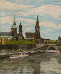 Kunze, Hans (1885 Königsberg-1975 Osnabrück) &quot;Dresden mit Blick über die Elbe auf den Zwinger und das Schloß&quot;, Öl/ Platte, sign. u.r., rückseitig mit Widmung, 44x36 cm, Rahmen