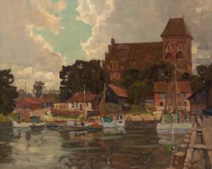 Mercker, Erich (1891 Zabern/ Saverne-1973 München) &quot;Pützig bei Danzig mit Blick über den Hafen auf die Backsteinkirche&quot;, Öl/ Hartfaser, sign. u.r., 60x80 cm, Rahmen