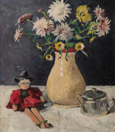 Fischer, Hans (1902 Königsberg-1986 Mühlheim) "Blumenstilleben mit Puppe", Öl/ Platte, sign. u.r. und dat. 1945, 42x34 cm, Rahmen - photo 1