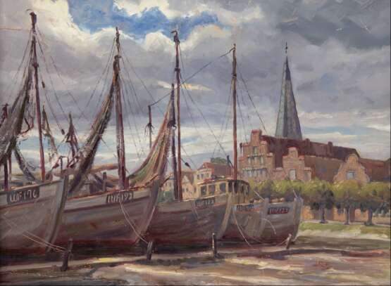 Moeller-Schlünz, Fritz (1900 Schwaan-1990 Lübeck) "Colberger Flüchtlinge 1945 in Travemünde", Öl/ Papier, rückseitig sign., dat. und betitelt, 50x60 cm, Rahmen (Malunterricht bei Carl Malchin und Hermann Koenem… - photo 1