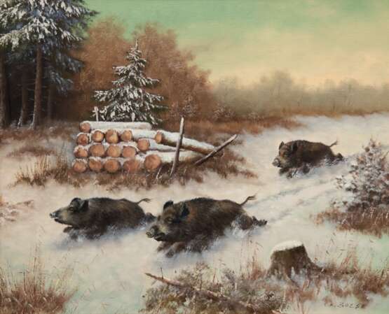 Boese, Karl Heinz (1919 Wernigerode-2002) "Wildschweine im Winterwald", Öl/ Lw., sign. u.r., 50x60 cm, Rahmen - photo 1