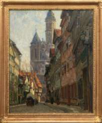 Wendel, Karl (1878-1943 Berlin) &quot;Weberstraße in Braunschweig&quot;, Öl/ Lw., 1 Hinterlegung, sign. u.l., rückseitig auf Keilrahmen bez., 67x55,5 cm, Rahmen