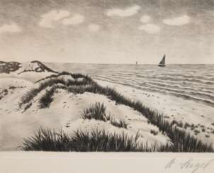 &quot;Dünenlandschaft mit Segelboot&quot;, Radierung, Blatt an den Rändern min. fleckig, 14x19 cm, hinter Glas und Rahmen