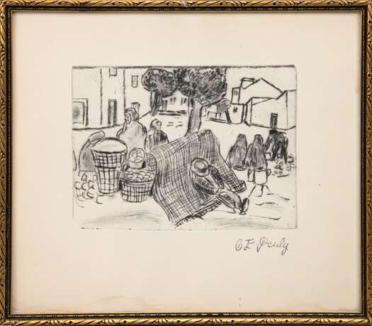 Pauly, Charlotte Elfriede (1886 Schlesien- 1981 Berlin) "Auf dem Markt", Radierung, aus dem Nachlaß, 16x21,5 cm, hinter Glas und Rahmen (Pauly war eine deutsche Malerin und Schriftstellerin. Bekannt wurde sie v… - photo 1