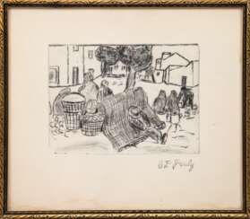 Pauly, Charlotte Elfriede (1886 Schlesien- 1981 Berlin) &quot;Auf dem Markt&quot;, Radierung, aus dem Nachlaß, 16x21,5 cm, hinter Glas und Rahmen (Pauly war eine deutsche Malerin und Schriftstellerin. Bekannt wurde sie v…