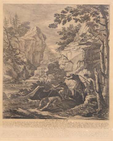 Ridinger, Johann Elias (1698 Ulm-1767 Augsburg) "Der wilde Enten Fall", Kupferstich, 25x22 cm, im Passepartout hinter Glas und Rahmen - photo 1