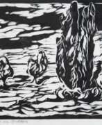 Übersicht. Klatte, Ruth (1925 Dresden-ansässig Wieck/Darß) &amp;quot;Bäume am Bodden&amp;quot;, Holzschnitt, Handabzug, sign. u.r., 21x40 cm, hinter Glas und Rahmen (In Wiek a. Darß lebende Landschaftsmalerin, studierte an der Kuns…