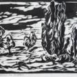 Klatte, Ruth (1925 Dresden-ansässig Wieck/Darß) &amp;quot;Bäume am Bodden&amp;quot;, Holzschnitt, Handabzug, sign. u.r., 21x40 cm, hinter Glas und Rahmen (In Wiek a. Darß lebende Landschaftsmalerin, studierte an der Kuns… - Auktionspreise