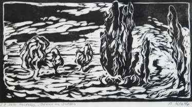 Klatte, Ruth (1925 Dresden-ansässig Wieck/Darß) &amp;quot;Bäume am Bodden&amp;quot;, Holzschnitt, Handabzug, sign. u.r., 21x40 cm, hinter Glas und Rahmen (In Wiek a. Darß lebende Landschaftsmalerin, studierte an der Kuns…