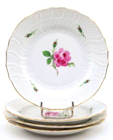 4 Meissen-Teller, 1850-1924, Rote Rose mit Goldrand, Neuozier, Schwertermarke mit 2 Schleifstrichen, Dm. 18 cm - Foto 1