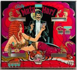 Pinball-Glasscheibe &amp;quot;Bally Mata Hari&amp;quot;, 1978, Hinterglas-Beschichtung, Rahmen Kunststoff/Metall, ges. 65,5x72,5 cm