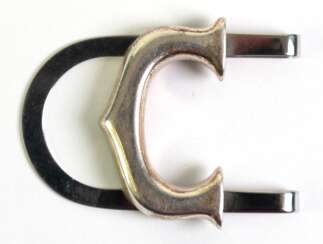 Cartier- Geldscheinklammer, Edelstahl/925er Silber, hufeisenförmige Stahlklammer mit großem &quot;C&quot; in Silber, L. 4,7 cm