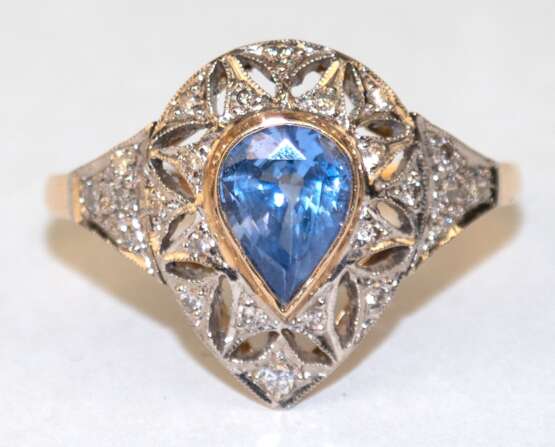 Ring, 750er GG/ WG, 4,4 g, Saphir 1,42 ct., Brillanten 0,21 ct., RG 57, Innendurchmesser 16,5 mm - Foto 1