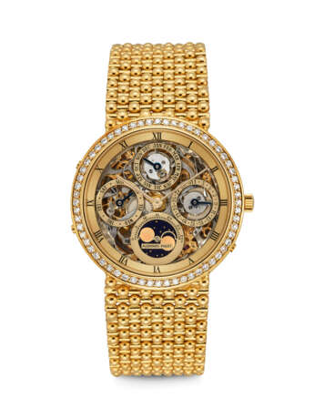 AUDEMARS PIGUET. AN 18K GOLD AND DIAMOND-SET SEMI-SKELETONISED AUTOMATIC PERPETUAL CALENDAR WRISTWATCH WITH MOON PHASES AND BRACELET - фото 1