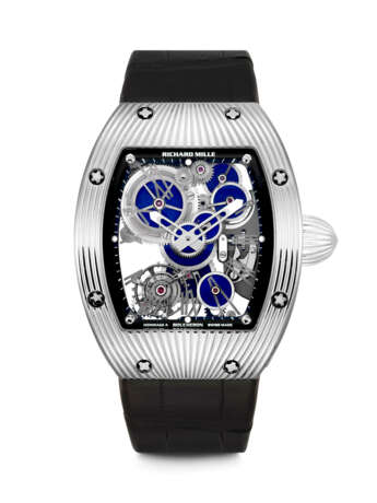 RICHARD MILLE. A UNIQUE AND APPEALING 18K WHITE GOLD TONNEAU-SHAPED SKELETONISED TOURBILLON WRISTWATCH WITH LAPIS LAZULI-SET WHEELS, MADE TO COMMEMORATE THE 150TH ANNIVERSARY OF BOUCHERON - фото 1