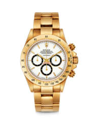 ROLEX. A VERY RARE 18K GOLD AUTOMATIC CHRONOGRAPH WRISTWATCH WITH BRACELET AND &quot;FLOATING DIAL&quot;