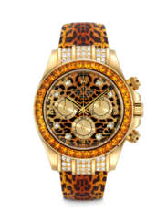 ROLEX. AN IMPRESSIVE 18K GOLD, DIAMOND AND YELLOW SAPPHIRE-SET AUTOMATIC CHRONOGRAPH WRISTWATCH WITH LEOPARD-PRINT DIAL