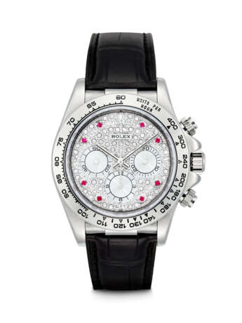 ROLEX. A MESMERISING AND RARE 18K WHITE GOLD, RUBY AND DIAMOND-SET AUTOMATIC CHRONOGRAPH WRISTWATCH - photo 1