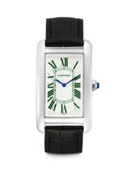 CARTIER. AN EXTREMELY RARE AND ATTRACTIVE PLATINUM LIMITED EDITION WRISTWATCH WITH DARK GREEN ROMAN NUMERALS, MADE FOR THE ITALIAN MARKET