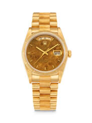 ROLEX. AN ATTRACTIVE 18K GOLD AUTOMATIC WRISTWATCH WITH SWEEP CENTRE SECONDS, DAY, DATE, BRACELET, WOOD DIAL AND CHINESE CALENDAR