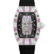 RICHARD MILLE. A LADY’S 18K WHITE GOLD, DIAMOND, PINK GEMSTONE AND MOTHER-OF-PEARL SET AUTOMATIC SEMI-SKELETONISED WRISTWATCH - Auktionspreise