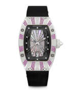 Белое золото. RICHARD MILLE. A LADY’S 18K WHITE GOLD, DIAMOND, PINK GEMSTONE AND MOTHER-OF-PEARL SET AUTOMATIC SEMI-SKELETONISED WRISTWATCH