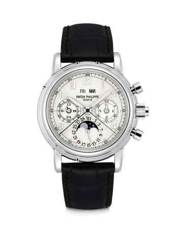 PATEK PHILIPPE. A RARE PLATINUM PERPETUAL CALENDAR SPLIT SECONDS CHRONOGRAPH WRISTWATCH WITH MOON PHASES, 24 HOUR AND LEAP YEAR INDICATION - фото 1