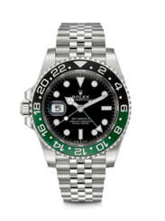 ROLEX. A STAINLESS STEEL AUTOMATIC DUAL TIME LEFT HANDED WRISTWATCH WITH SWEEP CENTRE SECONDS, DATE AND BRACELET