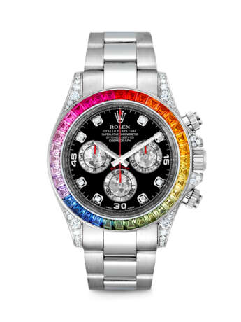 ROLEX. A RARE AND IMPRESSIVE 18K WHITE GOLD, DIAMOND AND MULTI-COLOURED GEM-SET AUTOMATIC CHRONOGRAPH WATCH WITH BRACELET - фото 1