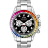 ROLEX. A RARE AND IMPRESSIVE 18K WHITE GOLD, DIAMOND AND MULTI-COLOURED GEM-SET AUTOMATIC CHRONOGRAPH WATCH WITH BRACELET - фото 1