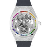 AUDEMARS PIGUET. A RARE AND BEAUTIFUL 18K WHITE GOLD, DIAMOND AND RAINBOW-COLOURED GEMSTONE-SET SKELETONISED TOURBILLON WRISTWATCH - фото 1